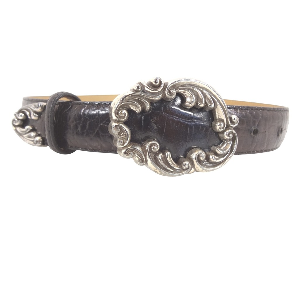 Brighton Belt Women Small Black Croc Embossed Silver Scroll Buckle 43303